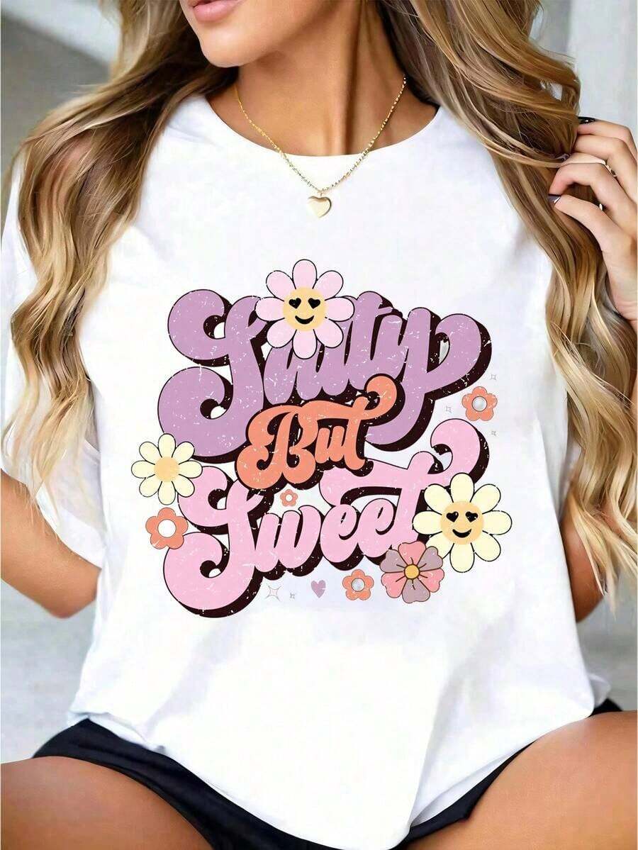 20261pc Camiseta Blanca para Mujer con Estampado Retro de Flores y Sonrisas, Cuello Redondo, Camiseta Casual de Algodón, Tejido de Punto de Elasticidad Media, Corte Regular para Damas, Tallas S-XXXL, de alta calidad, ideal para el verano. - Blanco - Ver 1