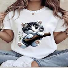 1 pieza, camiseta de manga corta de algodón puro clásica y versátil, ideal para usar en cualquier estación, con estampado divertido para mujeres y estilo moderno - Blanco - Ver 2