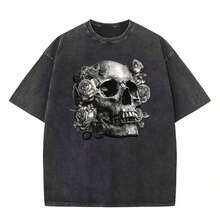 1 pieza de camiseta gráfica oversize con estampado de esqueleto y rosas, 100% algodón, estilo streetwear para hombre, camiseta vintage de hip hop de corte holgado, 180g de algodón 100%. - Negro - Ver 11