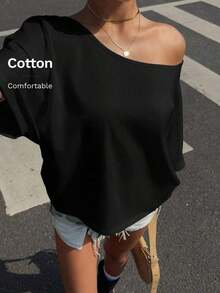 AFGHJU Camiseta Blanca de Punto Holgada de Un Solo Hombro y Manga Corta para Mujer - Negro - Ver 12