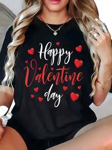 Camiseta de Mujer con Estampado de Corazón y Cuello Redondo de Manga Corta para el Día de San Valentín - Negro - Ver 8