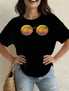 Camiseta Casual para Mujer con Estampado de Aceite, Agua, Crema, Árbol, Fruta, Palma y Mantequilla Q4GAEGA4GQ, Camiseta Ligera de Cuello Redondo y Manga Corta para Verano, Ropa para Vacaciones de Verano, Adecuada para Festivales y Uso Diario, 100% Algodón, Duradera - Negro - Ver 7