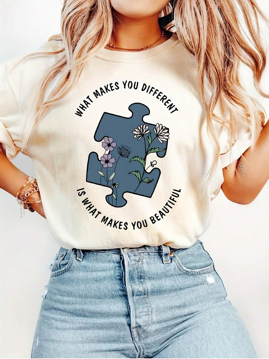 Women's Casual Short Sleeve T-Shirt For Summer Vacation -- 'Being Different Is Beautiful' T-Shirt -- Autism Awareness Theme T-Shirt - 杏色 - 查看 1