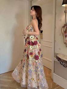 Último diseño: vestido elegante y romántico con bordado floral morado en tul, que ciñe la cintura sin mangas, adecuado para primavera y verano - Marrón - Ver 7