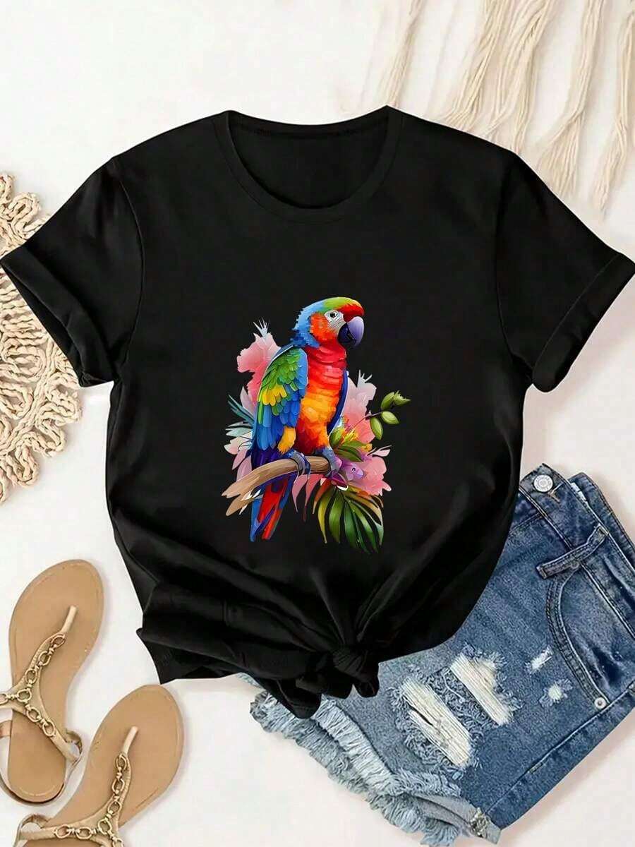 Women's Round Neck T-Shirt With Parrot Print, Casual Summer T-Shirt, Sporty, For Fitness, Daily Wear, Outdoor, At Home, Breathable, Short Sleeve. - 黑色 - 查看 1