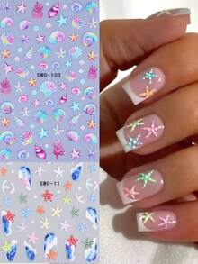 2 Sheets Ocean Colorful Starfish Seashell Nail Stickers Wave Coral Pattern 5D Embossed Nail Decals Summer Beach Tropical Marine Themed 3D Self‑Adhesive Manicure Decor - Multicolor - View 2