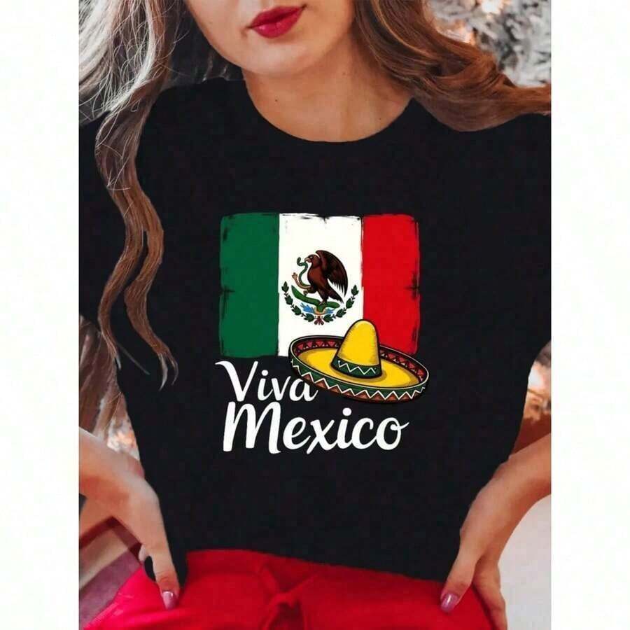 Playera Estampada de MujerPlayera Estampada de MujerCamiseta con estampado gráfico de la bandera de Viva México y sombrero para mujer, camiseta informal de algodón de manga corta y cuello redondo, camiseta de orgullo nacional de herencia mexicana para niñas y mujeres. Fashionable women's clothingCuello Redondo Algodón 100% Tejido Suave Manga Corta Transpirable y FrescaCuello Redondo Algodón 100% Tejido Suave Manga Corta Transpirable y Fresca - Negro - Ver 1