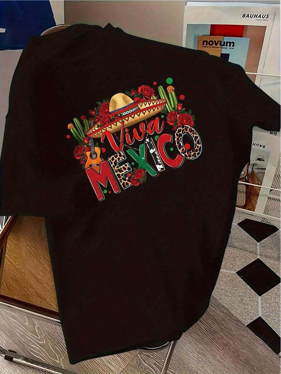 Lightweight T-Shirts With Mexican Style Prints Viva Mexico, Short Sleeve, 95% Cotton, Loose Fit, Casual, Unisex, 100% Cotton, Popular Choice - 黑色 - 查看 1