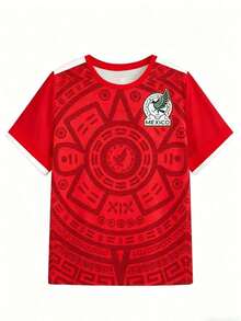 Camiseta de mujer de manga corta con cuello redondo en contraste, ajuste entallado, diseño deportivo con estampado de México y patrón gráfico, estilo casual deportivo, ideal para verano,Moda y camisetas premium - Rojo - Ver 12