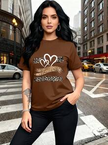 Glitter Heart Print T-Shirt With Leopard Print Design,  And Breathable, Suitable For Family Trips, School Activities, Casual Sports, Daily Commutes, Matching Sister Outfits, Versatile T-Shirt. 9XO7 - 棕色 - 查看 2