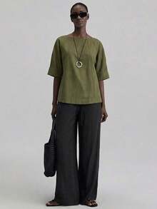 2026SS Nueva blusa de mujer, atuendo de vuelta al colegio, estilo campestre, casual de oficina, cita nocturna, aeropuerto, uso de fiesta, unicolor de verano con hombros descubiertos y manga corta, tela tejida, adecuada para el Día de San Valentín, t - Verde militar - Ver 3