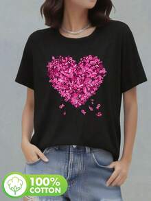 In October, We Wear A Breast Cancer-Themed Pink Heart And Leaf Print T-Shirt, Casual Short-Sleeved Crew Neck Top For Summer And Spring, Loose And Comfortable Women's Clothing. - White - View 9