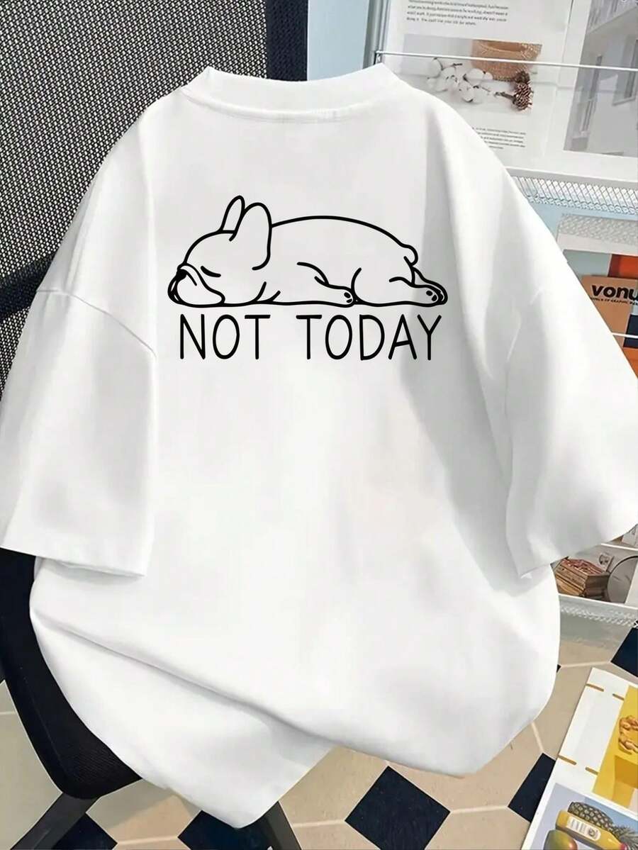 Simple And Versatile Design NotOkayToday, French Bulldog Print T-Shirt, Short Sleeve, Round Neck, Casual Spring Summer Top, Women's Clothing, Cotton T-Shirt - 白色 - 查看 1