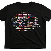 Camiseta unisex con estampado gráfico de viajes internacionales, dise?o de mapa del mundo y banderas nacionales, camiseta deportiva transpirable. - Negro - Ver 2