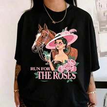 1 Piece Run For The Roses Kentucky Derby T-Shirt, Vintage Derby Day T-Shirt, Horse Racing Party Outfit, Y2K Graphic Print T-Shirt For Women, Short Sleeve T-Shirt For Women, Casual Streetwear, Stylish T-Shirts For Women, Comfortable, 180g 100% Cotton. - 黑色 - 查看 11