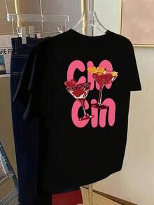 Playeras de mujer para el Día de San Valentín, camiseta con estampado de cóctel, manga corta, cuello redondo, top casual para verano y primavera, ropa de mujer, blusas casuales para dama. - Negro - Ver 4