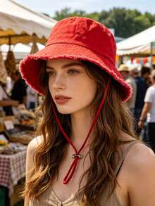 Candy Color Frayed Edge Bucket Hat, Adjustable Drawstring Chin Strap Sun Protection Hat, Vintage Soft Wide Brim Hat, Suitable For Outdoor Travel, Beach Vacation, Unisex Bucket Hat - Multicolor - View 3