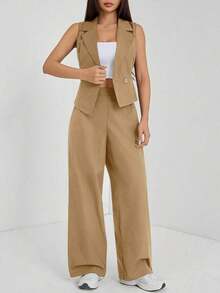 de 2 piezas de ropa de otoño, top sin mangas y pantalones de unicolor para mujer - Marrón - Ver 7