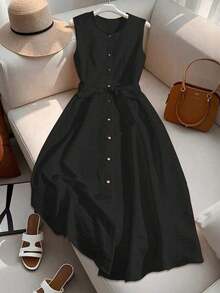 Vestido estilo francés de media pierna sin mangas de alta gama color naranja para mujer - Negro - Ver 3
