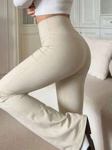 Pantalones acampanados de cintura alta de unicolor, ajuste delgado y casual para mujer - Beis - Ver 1