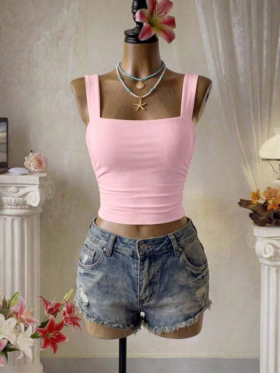 Femesol Top de cami corto fruncido de un solo color,top básico - Rosa Pálido - Ver 1