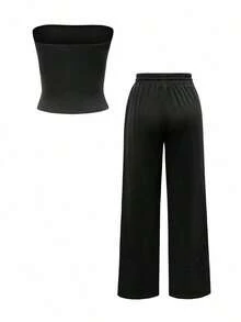 Conjunto de 2 piezas de ropa de otoño Vaiaye: Top corto ajustado y sexy sin tirantes, camiseta básica de unicolor elástica y ajustada, top tipo bandeau para yoga; Conjunto de pantalones para primavera/verano - Negro - Ver 4
