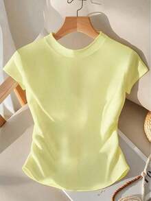 Camiseta estilo casual de verano para mujer de unicolor con botones delanteros y drapeado - Amarillo - Ver 2