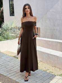 Vestido de mujer de unicolor con hombros descubiertos, nuevo vestido largo elegante y ajustado sin espalda para fiestas, uso diario y citas - Marrón - Ver 10