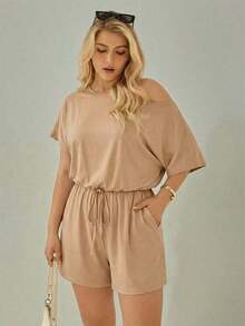 Mono de talla grande para mujer, ropa de verano, shorts, hombros descubiertos y graciosos, conjunto de verano para mujer, atuendo de rave de festival, conjunto de verano para vacaciones de mujer, mono casual de mujer - Caqui - Ver 3