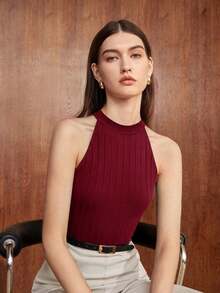 Camiseta de tirantes ajustada de cuello redondo básica para mujer, adecuada para el transporte urbano, la oficina, el estilo casual de negocios, las fiestas y otras ocasiones - Burdeos - Ver 8