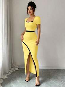 YHHRafferiza Nuevo vestido de Body ceñido con cuello cuadrado elegante y abertura en la cintura, estilo europeo y americano para mujeresYHH - Amarillo claro - Ver 5