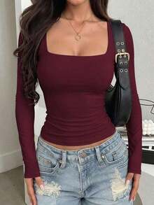 Camiseta ajustada de manga larga con cuello cuadrado para mujer, primavera/verano Y2K, unicolor, sexy, adecuada para el Día de San Valentín y uso casual - Burdeos 2 - Ver 12
