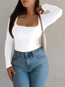 Camiseta ajustada de manga larga con cuello cuadrado para mujer, primavera/verano Y2K, unicolor, sexy, adecuada para el Día de San Valentín y uso casual - Blanco - Ver 9