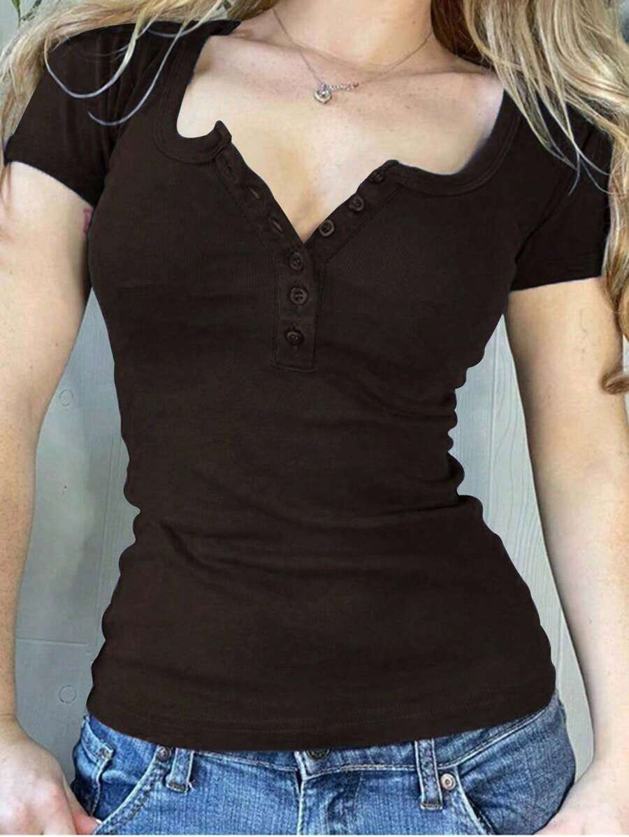 de manga corta y ajuste slim para mujer, de unicolor con media tapeta abotonada para el verano - Café integral - Ver 1