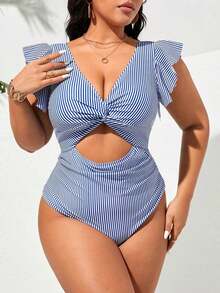 Traje de baño de una pieza con rayas y pliegues retorcidos para mujer de talla grande, adecuado para vacaciones en la playa, fiestas en la piscina y fiestas en la playa - Multicolor - Ver 7
