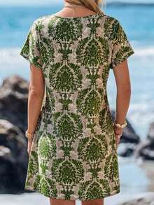 Vestido casual de mujer con estampado floral, cuello en V y manga corta para vacaciones - Verde - Ver 2