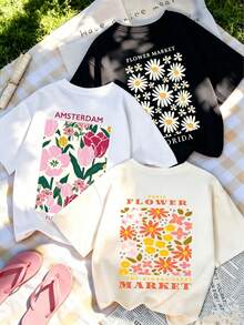 Floral Print Short-Sleeve T-Shirts, New. Single Garment, Not A 3-Piece Set. 1 Piece/Set Of Short-Sleeve T-Shirts Suitable For Streetwear. Oversized Round Neck Top For Daily Outings, Camping, Concerts, Hip-Hop, Rock, And Rap Events. Casual And Loose-Fitting Vacation-Style Blouses With A Round Neck And Cute Designs. Fashionable Everyday Tops, Suitable For Holidays Such As Valentine's Day, Back To School, And Teacher's Day. Letter Print, Soft, Loose, And Comfortable. Casual Short-Sleeve Vacation Tops For Summer. - 黑色 - 查看 1