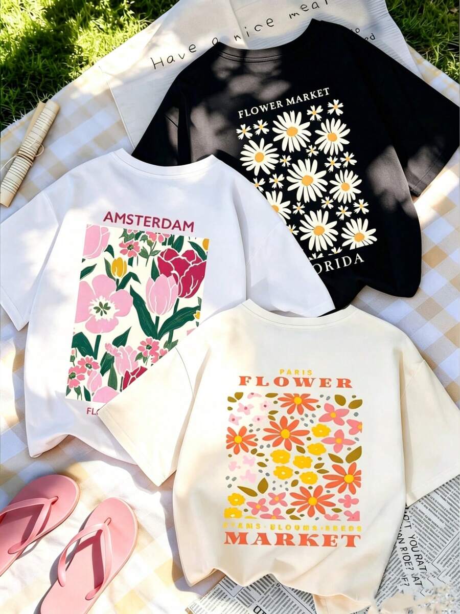 Floral Print Short-Sleeve T-Shirts, New. Single Garment, Not A 3-Piece Set. 1 Piece/Set Of Short-Sleeve T-Shirts Suitable For Streetwear. Oversized Round Neck Top For Daily Outings, Camping, Concerts, Hip-Hop, Rock, And Rap Events. Casual And Loose-Fitting Vacation-Style Blouses With A Round Neck And Cute Designs. Fashionable Everyday Tops, Suitable For Holidays Such As Valentine's Day, Back To School, And Teacher's Day. Letter Print, Soft, Loose, And Comfortable. Casual Short-Sleeve Vacation Tops For Summer. - 黑色 - 查看 1