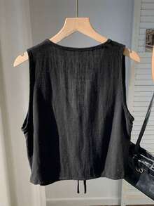 2026 Nuevo Top sin mangas con cuello en V, lazo delantero y bordado floral para mujer, ideal para vacaciones en la playa, uso casual, estilo Y2K de los 2000, primavera, graduación, fiesta de boda, vacaciones elegantes, San Valentín, carnaval, - Negro 2 - Ver 2