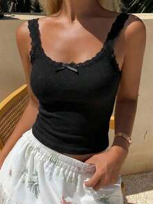 Camiseta sin mangas de mujer con encaje, parches y lazo, ajuste ceñido, casual y sexy - Negro 2 - Ver 2