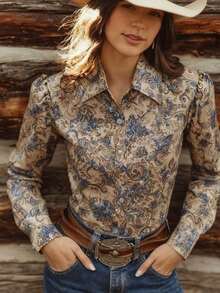 Camisa de moda casual de estilo retro bohemio con estampado, de manga larga, adecuada para uso casual, vacaciones y temporada de verano, elegante parte superior para primavera - Multicolor - Ver 10