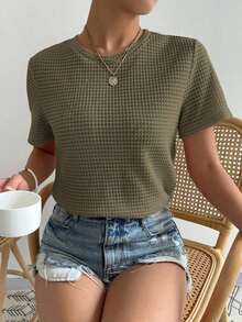 Camiseta casual de manga corta y cuello redondo llana para mujeres, verano - Verde militar - Ver 9