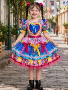 Brazilian Girl's Neon Heart Plaid Dress For June Festival, Ruffled Outfit, São João Quadrilha Dance, 2026 - Nhiều màu - Xem 2