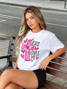 Camisetas Casuales para Mujer, Diseño de Corazón con Cruz "Jesus Loves Me", Camiseta Negra para Mujer, Top con Declaración de Fe Cristiana, Regalo de San Valentín para Ella, Camiseta para Mujer, Estilo Y2K, Camisetas de Moda de Verano, Conjuntos y Tops Casuales de Streetwear. - Blanco - Ver 4