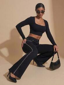 pthirillo Women's Black Flare Jeans With Butt-Lifting Effect, High Waist, And Rhinestone Detail - Premium Rhinestone Jeans - Lateral Rates - View 5