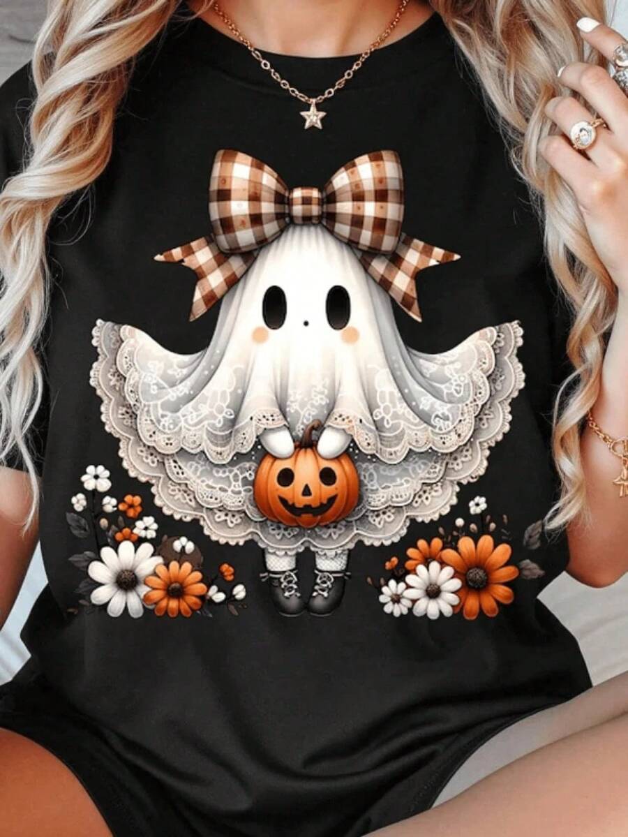 New 2026 Playera mujer casual Halloween fantasma lazo calabaza estampado creativo poliéster negro ajuste holgado cuello redondo manga corta primavera verano fiesta - Negro - Ver 1