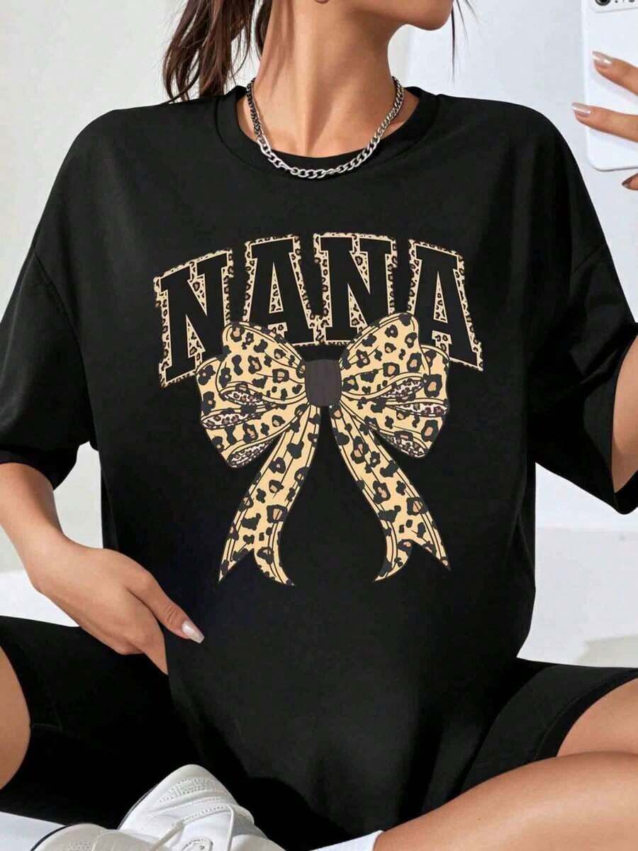Nana Women's Oversized Leopard Print Bow T-Shirt, Casual Top, Fashion Shirt For Family Gifts, Mother's Day Or Birthday Gift - 黑色 - 查看 1