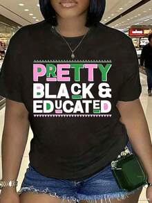 Women's J15 AKA 1908 Crew Neck Print T-Shirt - Featuring Empowering Slogans In Pink And Green, Breathable, Short-Sleeved, Casual, Summer, Machine Washable, Festive Wear, Comfortable Fit. Printed T-Shirt, Women's Printed T-Shirts, Summer T-Shirt, Casual T-Shirt, Women's Vacation Outfits, Youthful And Modern Design. Suitable For Spring, Summer, And Autumn. - 黑色 - 查看 7
