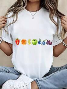 Casual Fruit Print T-Shirt, Women's Graphic Tee, Short Sleeve Casual Top, Summer Fashion, Fruit Print T-Shirt, 100% Cotton, Durable - 白色 - 查看 2