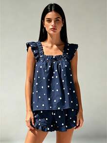 Women 2 Piece Pajamas Outfits Summer Dot Print Ruffled Trim Sleeveless Tank Tops and Shorts Set Sleepwear - Azul - Ver 1